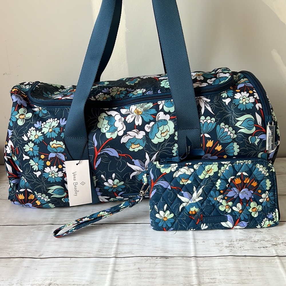 Vera Bradley 2 piece lighten up active duffel bag and tech wristlet bundle